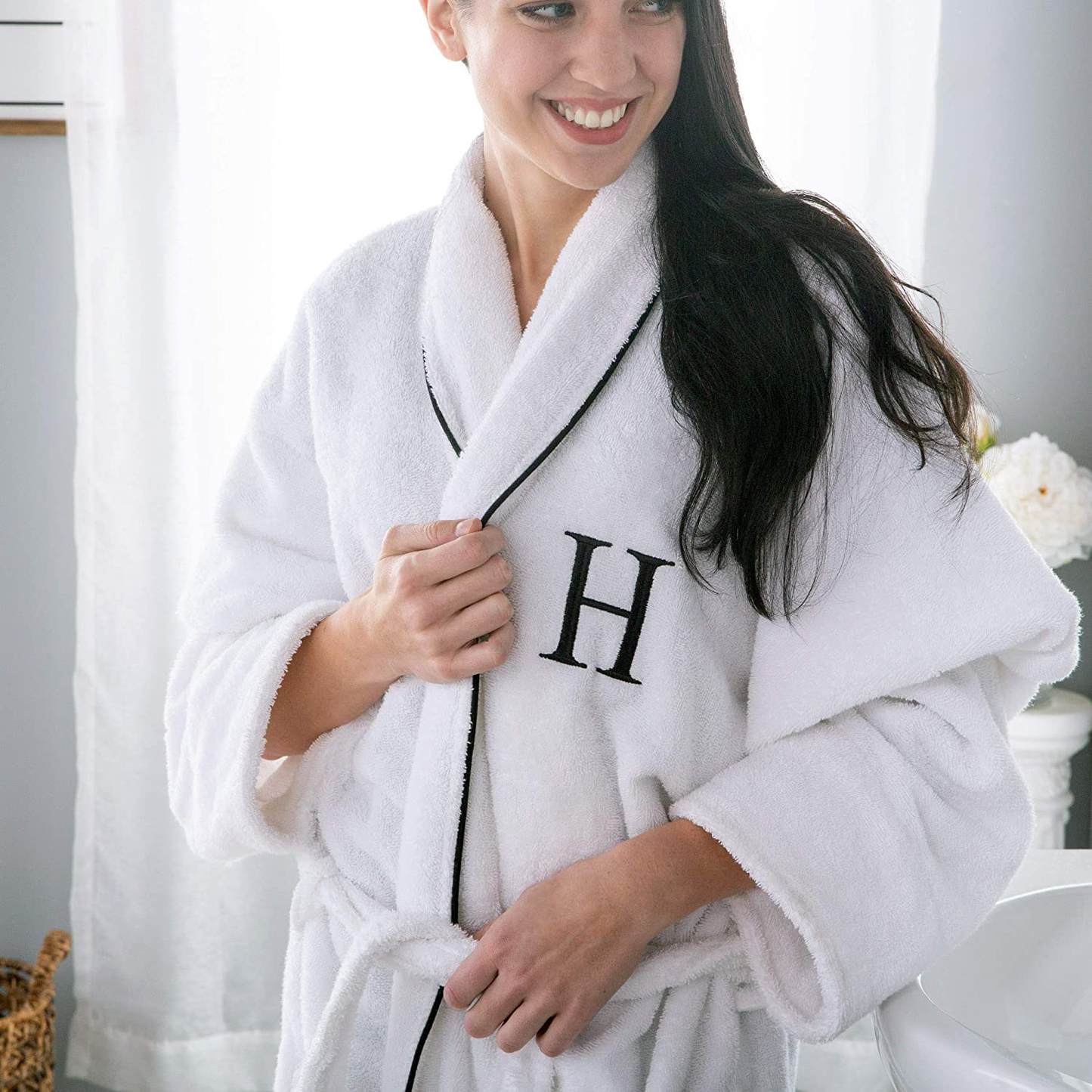 SUPERIOR Monogrammed Egyptian Cotton Bath Robe White Adult Unisex Bathrobe, Small/Medium, S Apparel & Accessories > Clothing > Sleepwear & Loungewear > Robes SUPERIOR   