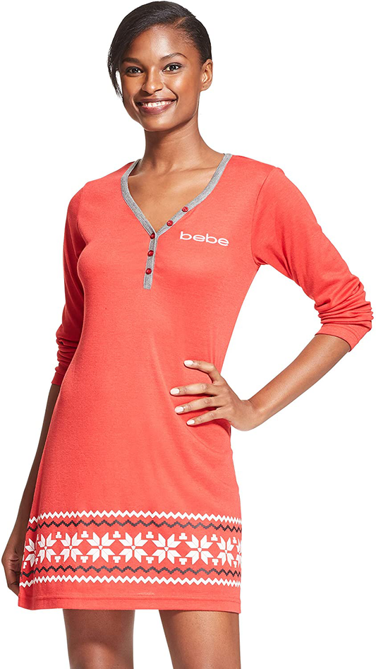 Bebe Womens Long Sleeve Nightgown Lounge Pajama Dorm Sleep Shirt Apparel & Accessories > Clothing > Sleepwear & Loungewear > Nightgowns Kylie Max   