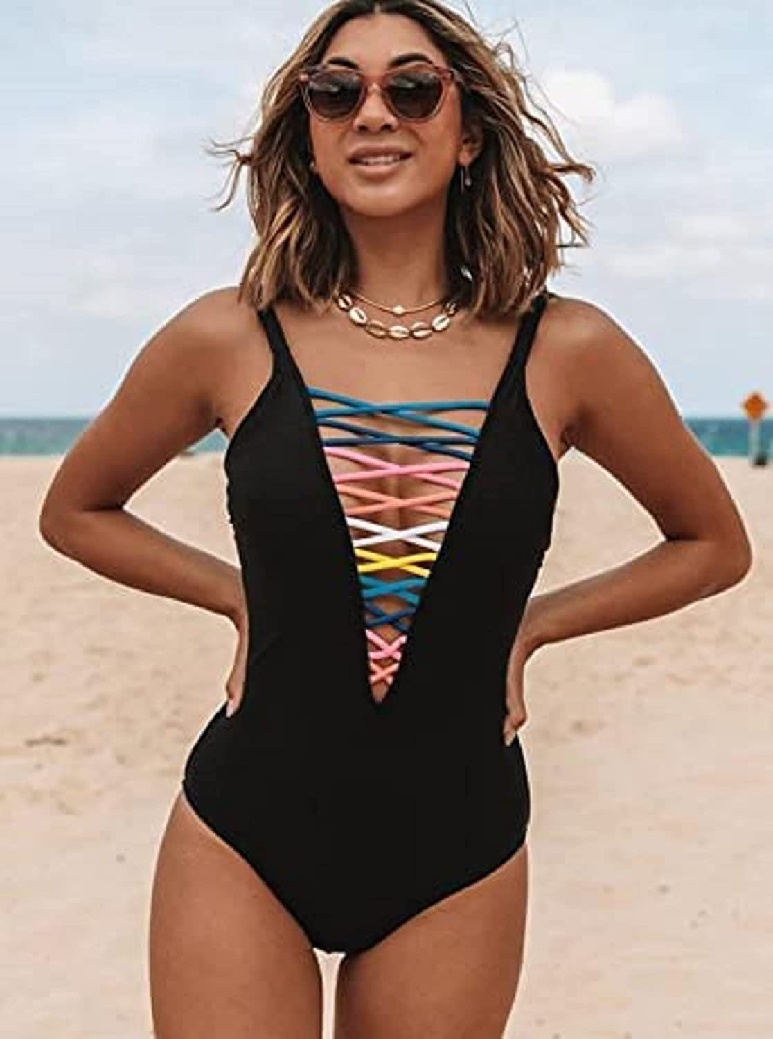 SOFIA'S CHOICE Women One-Piece Swimsuit Deep V Neck Lace up Lattice Front Rainbow Tie Bikini Apparel & Accessories > Clothing > Swimwear Kylie Max   