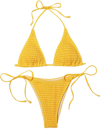 SOLY HUX Women's Halter Triangle Tie Side Bikini 2 Piece Swimsuits Apparel & Accessories > Clothing > Swimwear SOLY HUX Yellow Smocked Large 