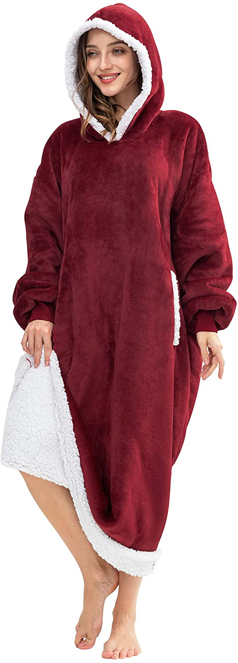 HBlife Oversized Long Wearable Blanket Hoodie for Adult, Thick Sherpa Sweatshirt with Elastic Sleeves and Giant Pockets Super Warm and Cozy Fuzzy Plush Fleece Blanket Jacket, Blue Arts & Entertainment > Party & Celebration > Gift Giving HBlife Burgundy Adult-Long 