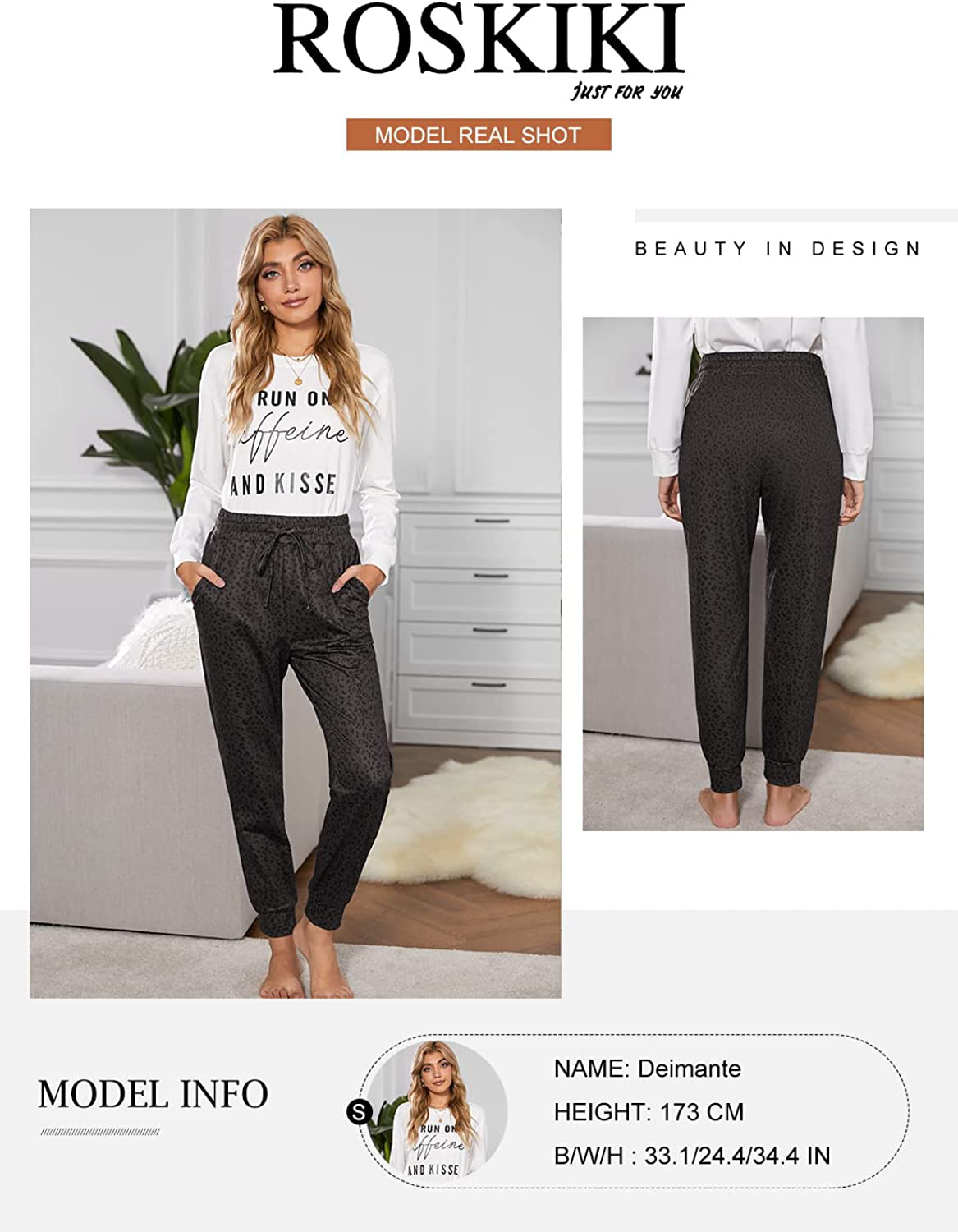 ROSKIKI Womens Leopard Drawstring Elastic Waist Sports Lounge Pants with Pockets Apparel & Accessories > Clothing > Activewear Kylie Max   
