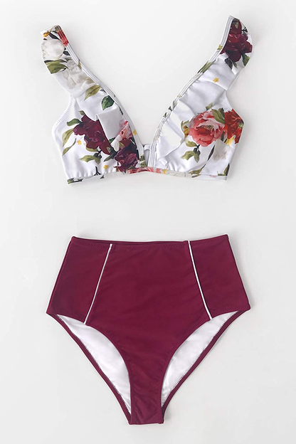 CUPSHE Women's High Waist Bikini Swimsuit Ruffle Floral Print Two Piece Bathing Suit Apparel & Accessories > Clothing > Swimwear CUPSHE   