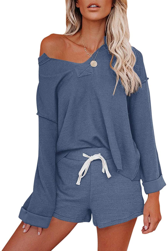 MEROKEETY Women's Long Sleeve Pajama Set Henley Knit Tops and Shorts Sleepwear Loungewear Apparel & Accessories > Clothing > Sleepwear & Loungewear > Pajamas MEROKEETY Blue Large 