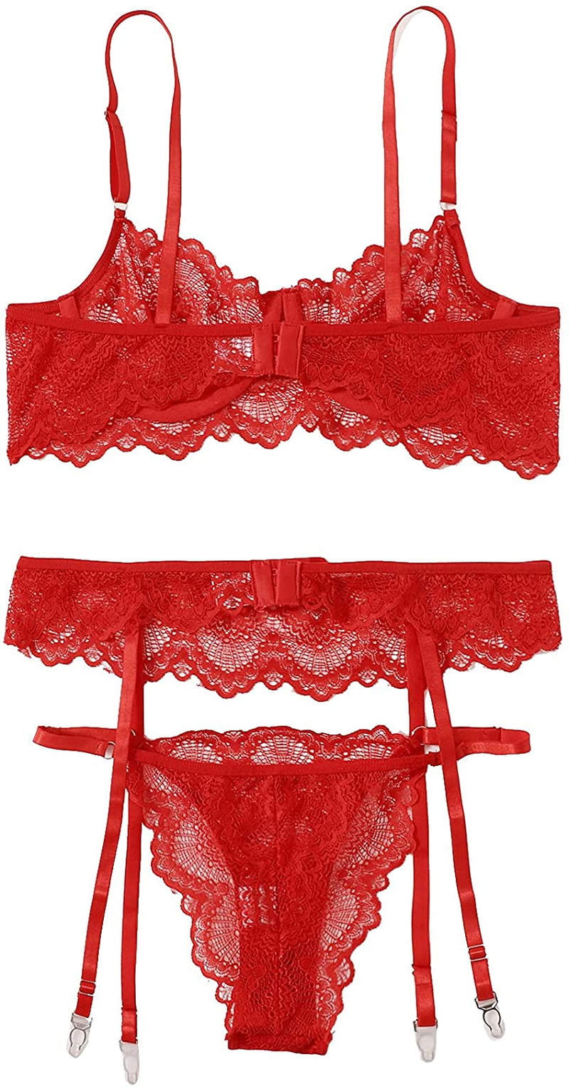 Shein Women'S 3 Piece Floral Lace Lingerie Set with Garter Belts Sexy Bra and Panty Apparel & Accessories > Clothing > Underwear & Socks > Lingerie SheIn   