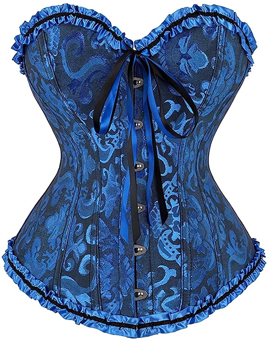 Corset Top Bustier Women'S Overbust Satin Floral Lace up Trim plus Size Bodyshaper Apparel & Accessories > Clothing > Underwear & Socks > Lingerie jutrisujo Blackblue 819 Medium 