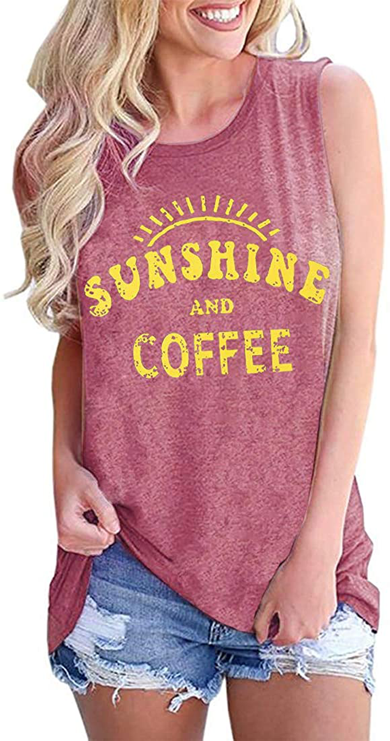 Umsuhu Sunshine and Coffee Tank Casual Summer Graphic Tank Tops for Women Sleeveless Graphic Tank Tops Tee Shirts Apparel & Accessories > Clothing > Activewear Kylie Max   