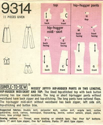 Simplicity 9314 Sewing Pattern Misses Retro Hip-Hugger Pants Midi-Skirt Top Check Offers for Size Apparel & Accessories > Clothing > Underwear & Socks > Underwear Simplicity   