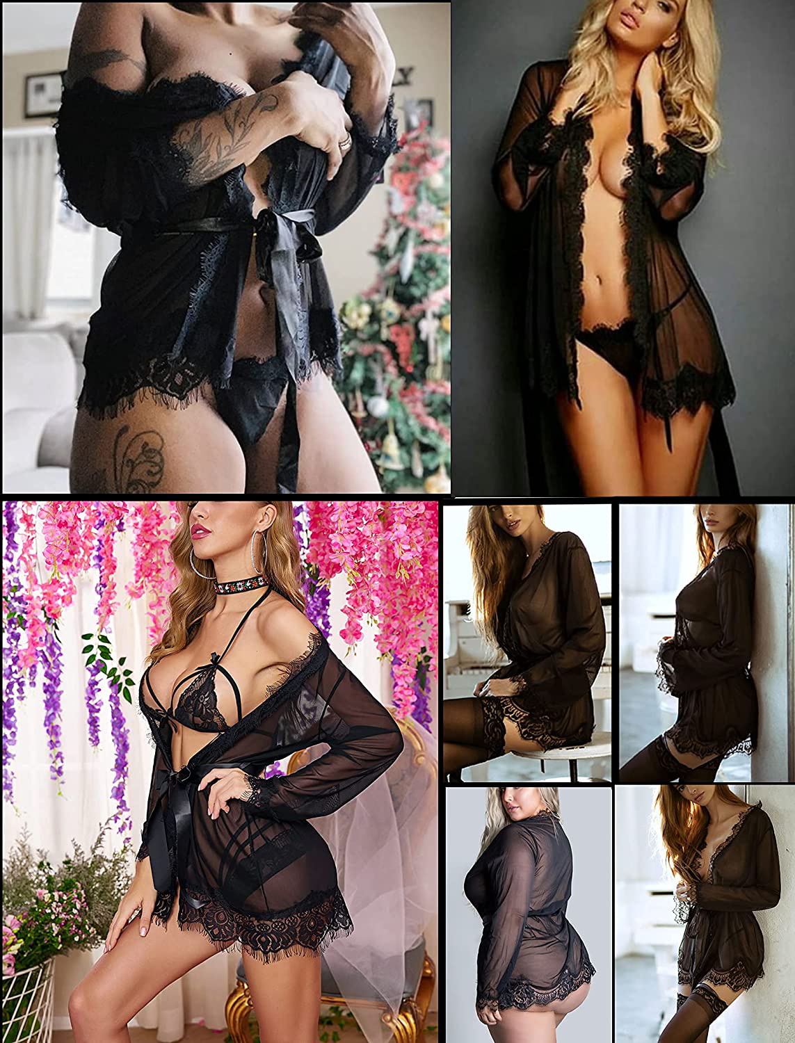 Avidlove Sexy Lace Robe Kimono Mesh Nightgown Babydoll Lingerie Set Apparel & Accessories > Clothing > Underwear & Socks > Lingerie Kylie Max   