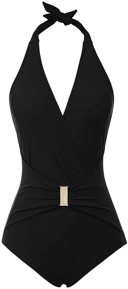 GRACE KARIN Women'S Halter Swimwear V Neck Stripe One-Piece Swimsuit Monokini Apparel & Accessories > Clothing > Swimwear Kylie Max   