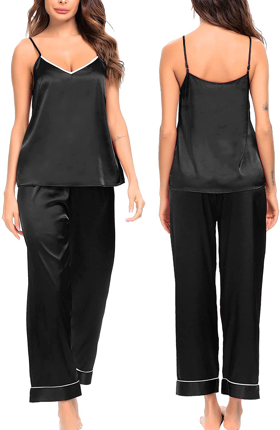 SWOMOG Womens Silk Satin Pajamas Set Two-Piece Pj Sets Cami Top and Capris Pants Sleepwear Apparel & Accessories > Clothing > Sleepwear & Loungewear Kylie Max   