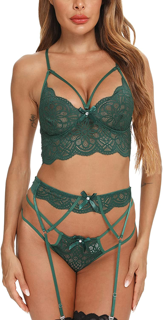 CHEENBOL Lace Lingerie Set for Women 3 Piece Bralette Lingerie Bodysuit with Garter Belt(No Stockings) Apparel & Accessories > Clothing > Underwear & Socks > Lingerie CHEENBOL Green Large 