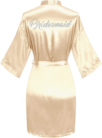 Sunshinemall Women'S Satin Kimono Robes with Rhinestones Bride Bridesmaid Short Sleepwear Wedding Dressing Gown Apparel & Accessories > Clothing > Sleepwear & Loungewear > Robes sunshinemall Bridesmaid-champagne Small-Medium 