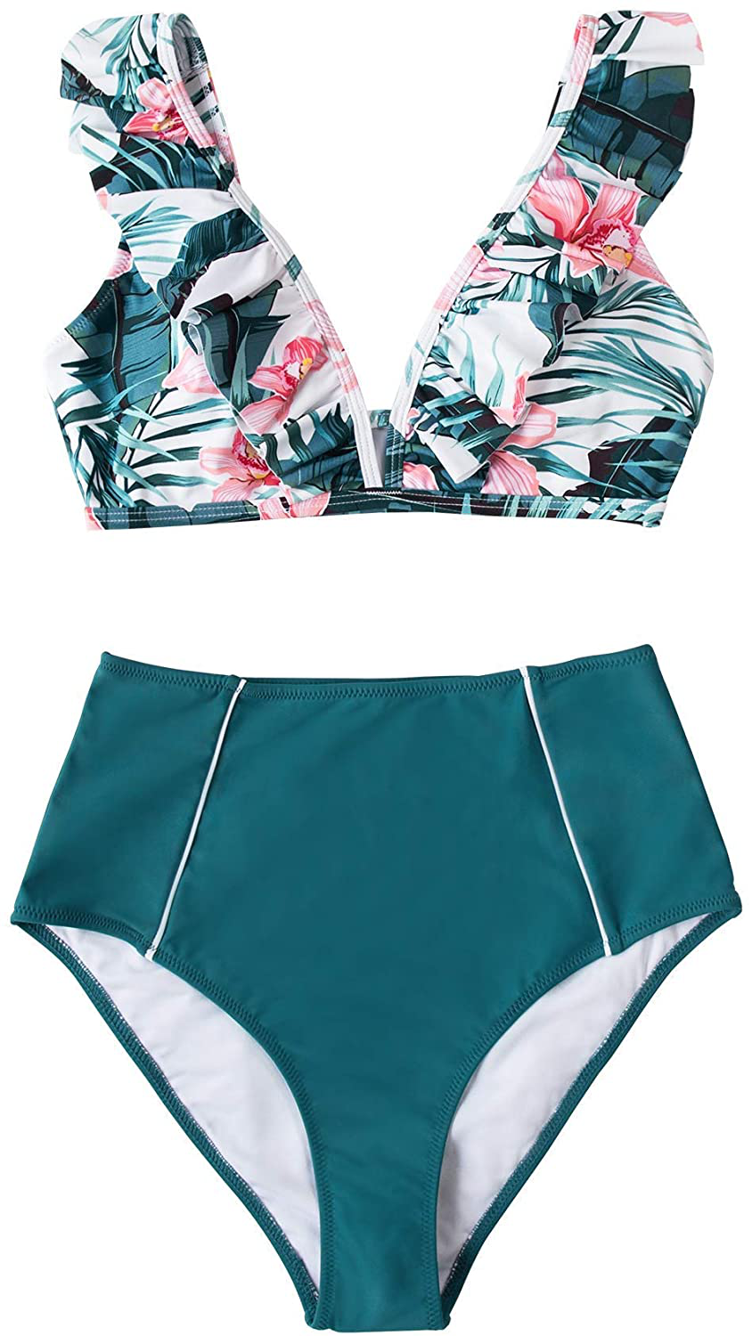 CUPSHE Women's High Waist Bikini Swimsuit Ruffle Floral Print Two Piece Bathing Suit Apparel & Accessories > Clothing > Swimwear CUPSHE Teal Floral Small 