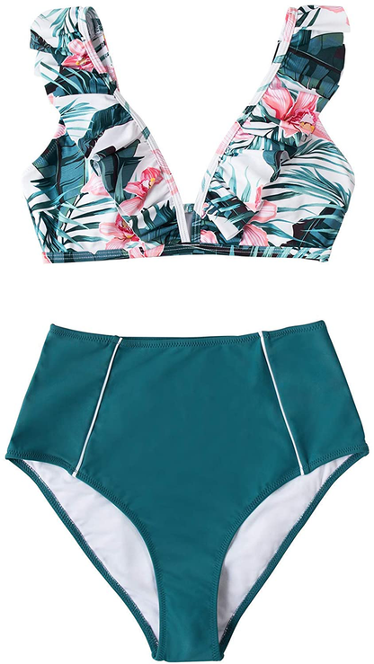 CUPSHE Women's High Waist Bikini Swimsuit Ruffle Floral Print Two Piece Bathing Suit Apparel & Accessories > Clothing > Swimwear CUPSHE Teal Floral Small 