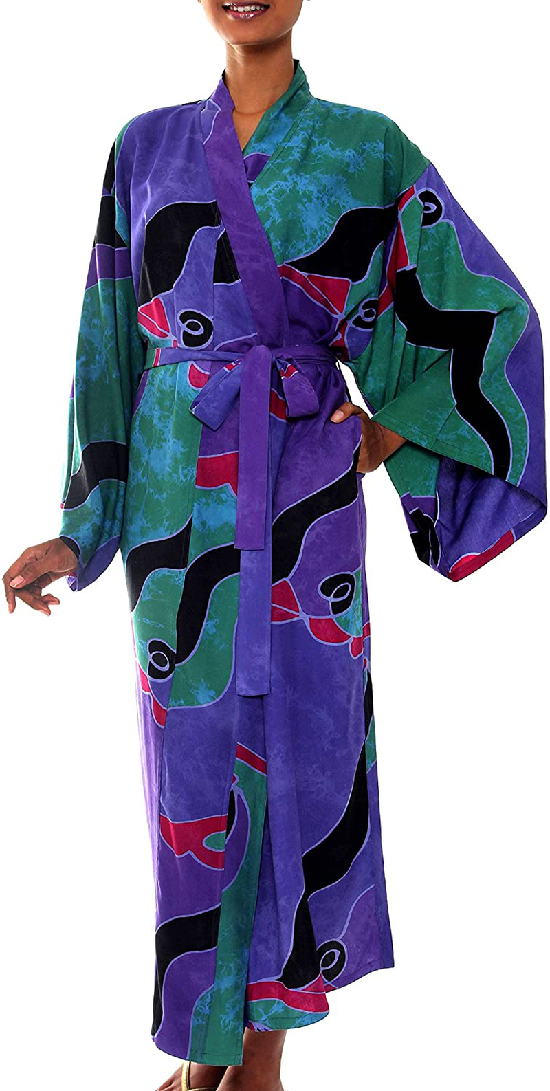 NOVICA Purple Women'S Batik Long Robe, 'Turquoise Ocean' (One Size Fits Most) Apparel & Accessories > Clothing > Sleepwear & Loungewear > Robes NOVICA   