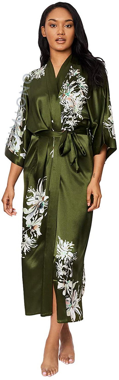 KIM+ONO Women'S Washable Silk Kimono Robe Long - Floral Print Apparel & Accessories > Clothing > Sleepwear & Loungewear > Robes KIM+ONO Yuri - Olive  