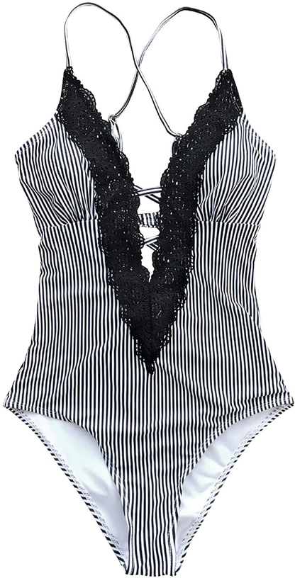 CUPSHE Fashion Women's Ladies Vintage Lace Bikini Sets Beach Swimwear Bathing Suit Apparel & Accessories > Clothing > Swimwear KYLIE MAX Black White Large 