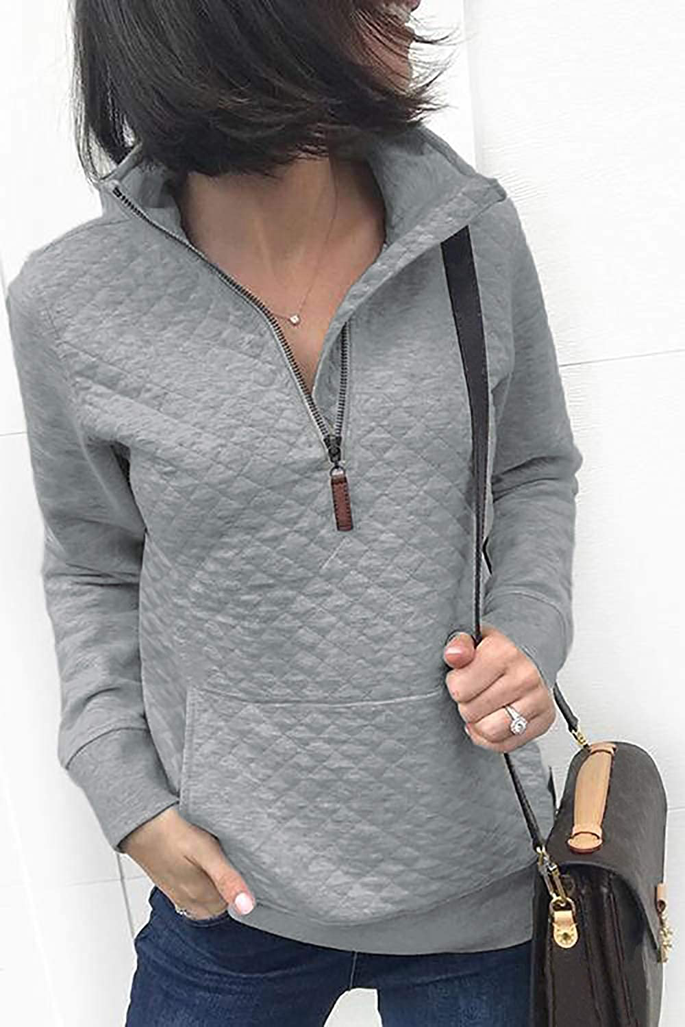 BTFBM Women Fashion Quilted Pattern Lightweight Zipper Long Sleeve Plain Casual Ladies Sweatshirts Pullovers Shirts Tops Apparel & Accessories > Clothing > Activewear Kylie Max   