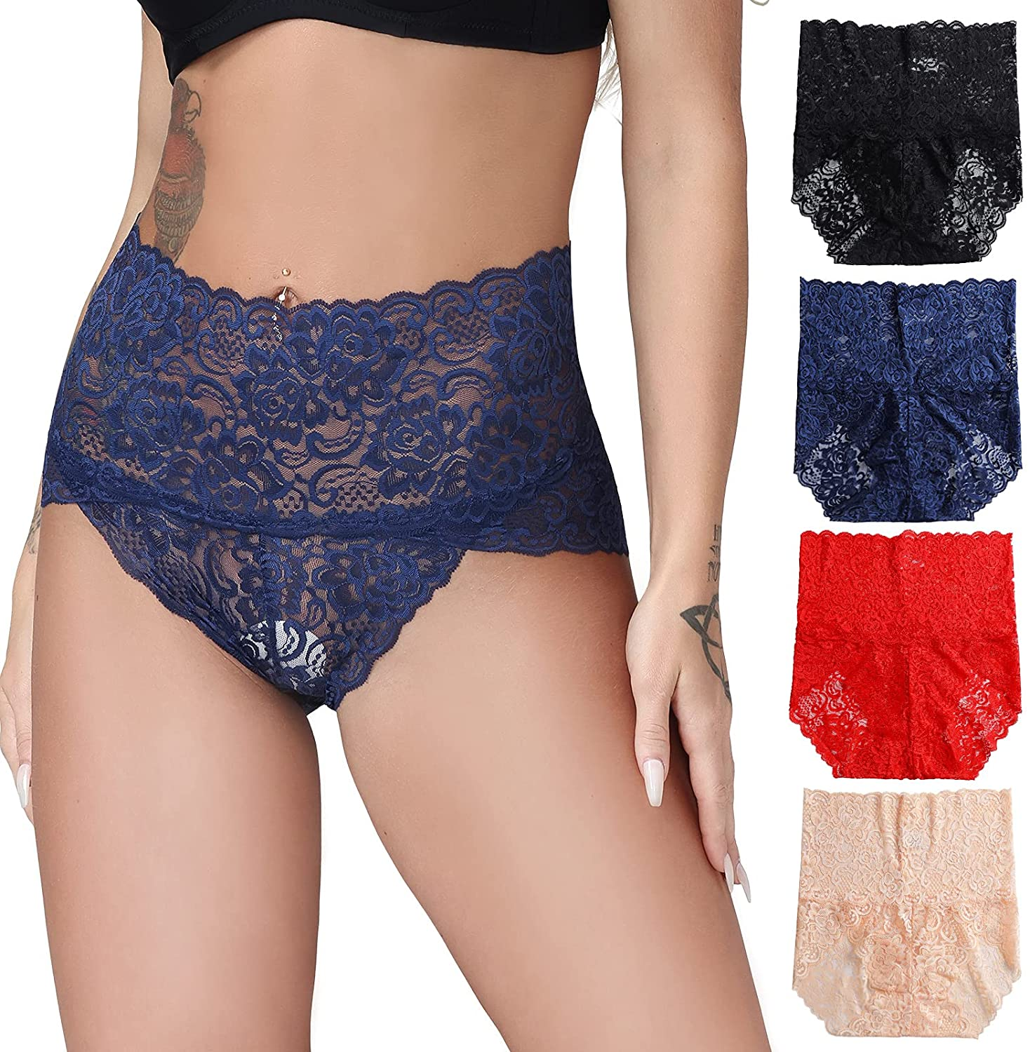 Talanes Women’S High Waisted Lace Underwear Sexy, Ladies Cheeky Lacy Panties Briefs , Soft Full Coverage Panty Multipack Apparel & Accessories > Clothing > Underwear & Socks > Underwear Talanes Black/Blue/Red/Skin Small 
