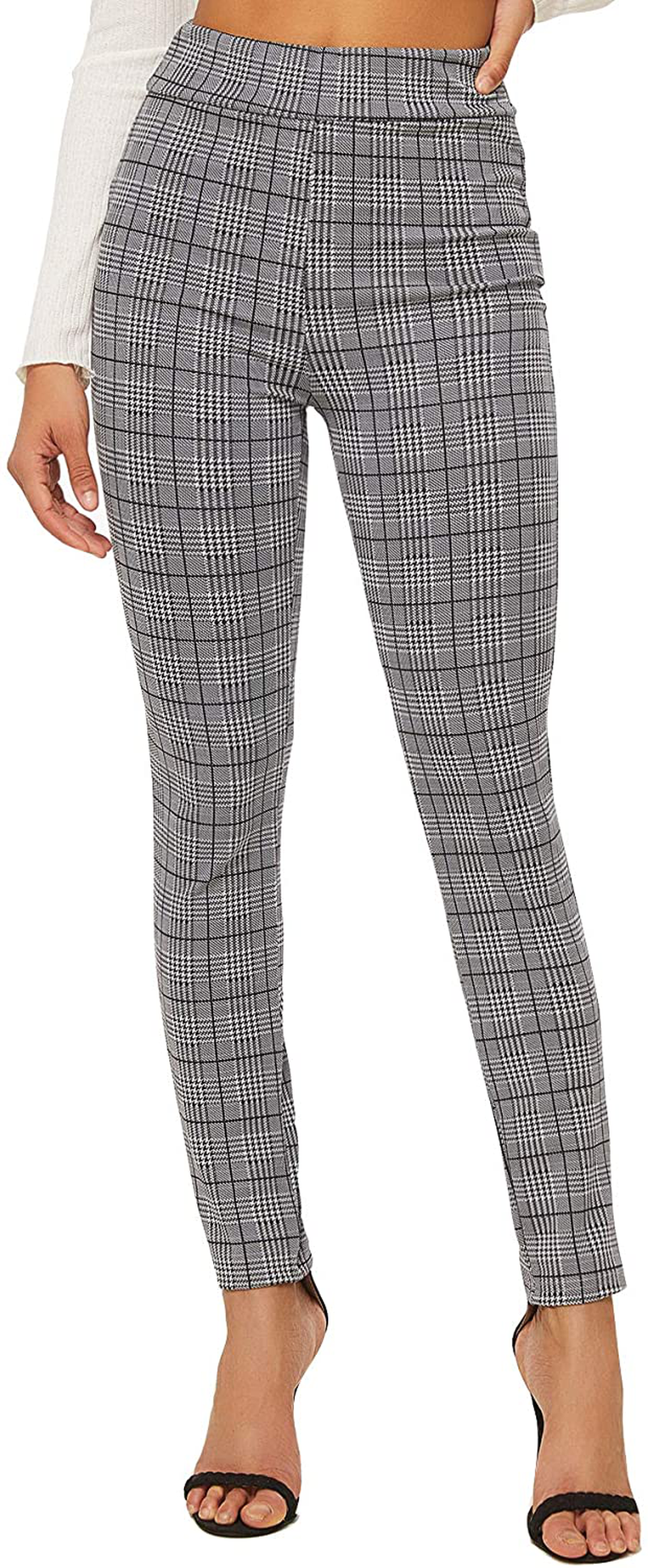 SweatyRocks Women's Casual Skinny Leggings Stretchy High Waisted Work Pants Apparel & Accessories > Clothing > Activewear SweatyRocks Black White Plaid X-Small 