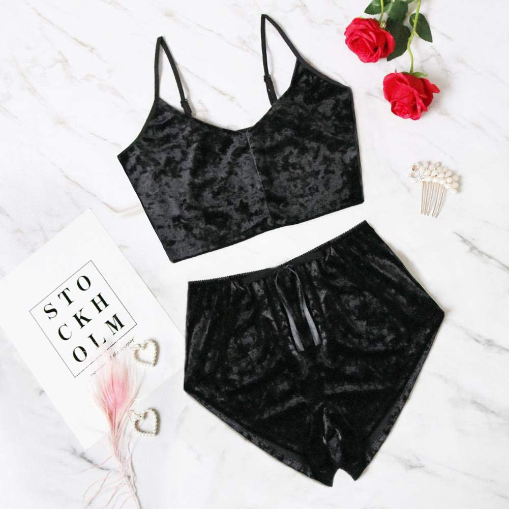 Women Sexy Velvet 2 Piece Outfit Spaghetti Strap Leopard Tie Dye Cami Crop Top + Shorts Bottom Sleepwear Pajama Set Nightwear Apparel & Accessories > Clothing > Sleepwear & Loungewear Kylie Max   