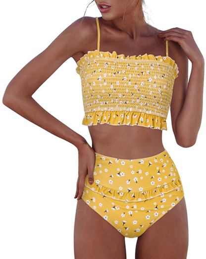 RXRXCOCO Womens Shirred Bandeau Bikini Cute Two Piece Swimsuit Off Shoulder High Waist Bathing Suit Apparel & Accessories > Clothing > Swimwear RXRXCOCO Yellow Small 