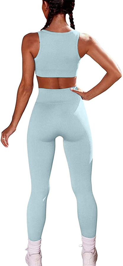 Burband Womens Solid Color 2 Piece Tracksuit High Waist Leggings Sport Bra Yoga Seamless Texture Bodysuit Workout Outfits Apparel & Accessories > Clothing > Underwear & Socks > Shapewear Burband   