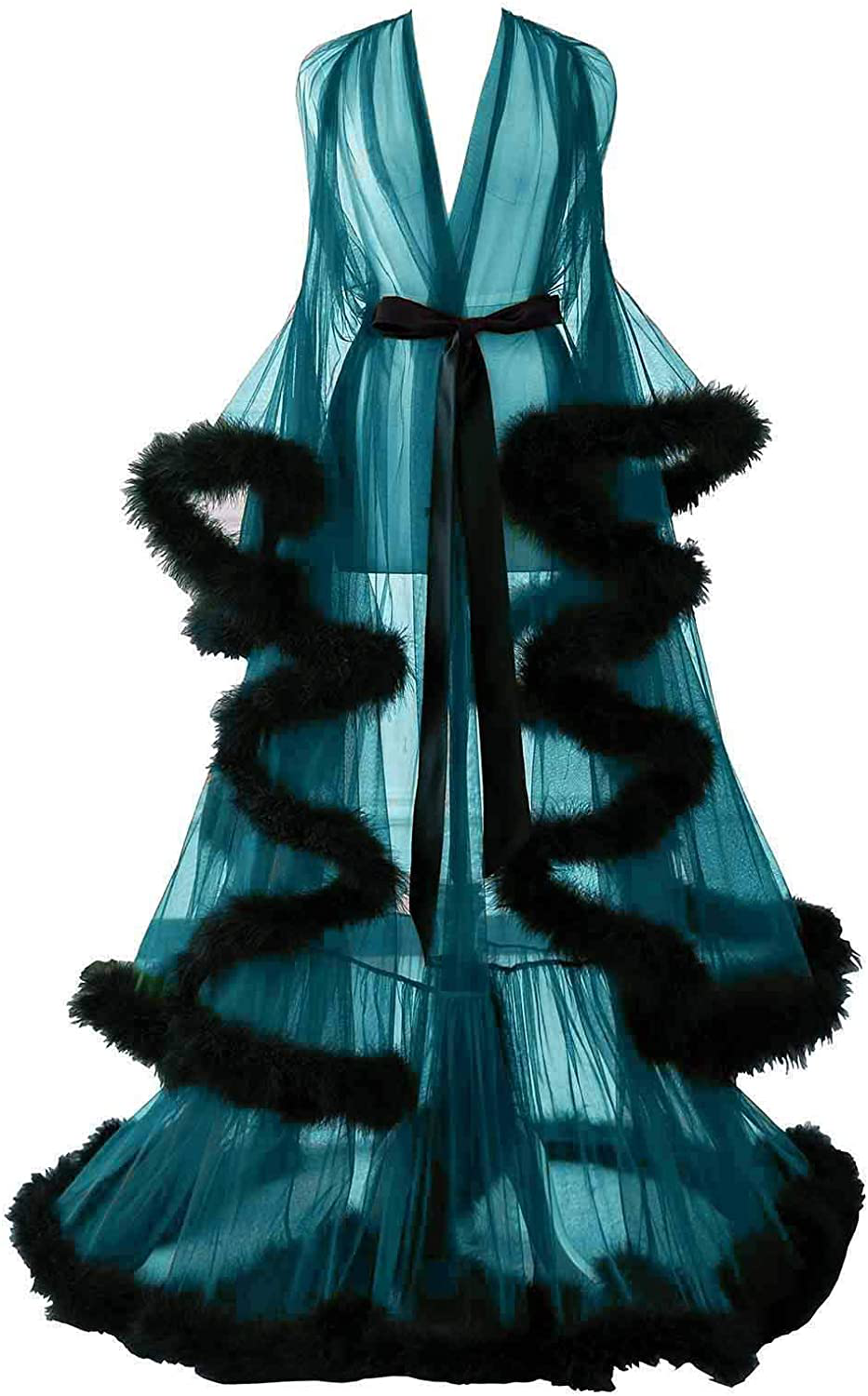Changuan Sexy Illusion Long Lingerie Robe Nightgown Bathrobe Sleepwear Feather Bridal Robe Wedding Scarf Apparel & Accessories > Clothing > Sleepwear & Loungewear > Robes Changuan   