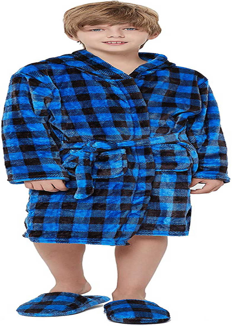 Kids Soft Plush Hooded Bathrobe Matching Slippers,Spa Robe Hooded Flannel Pajamas Sleepwear for Boys Girls Apparel & Accessories > Clothing > Sleepwear & Loungewear > Robes Kylie Max   
