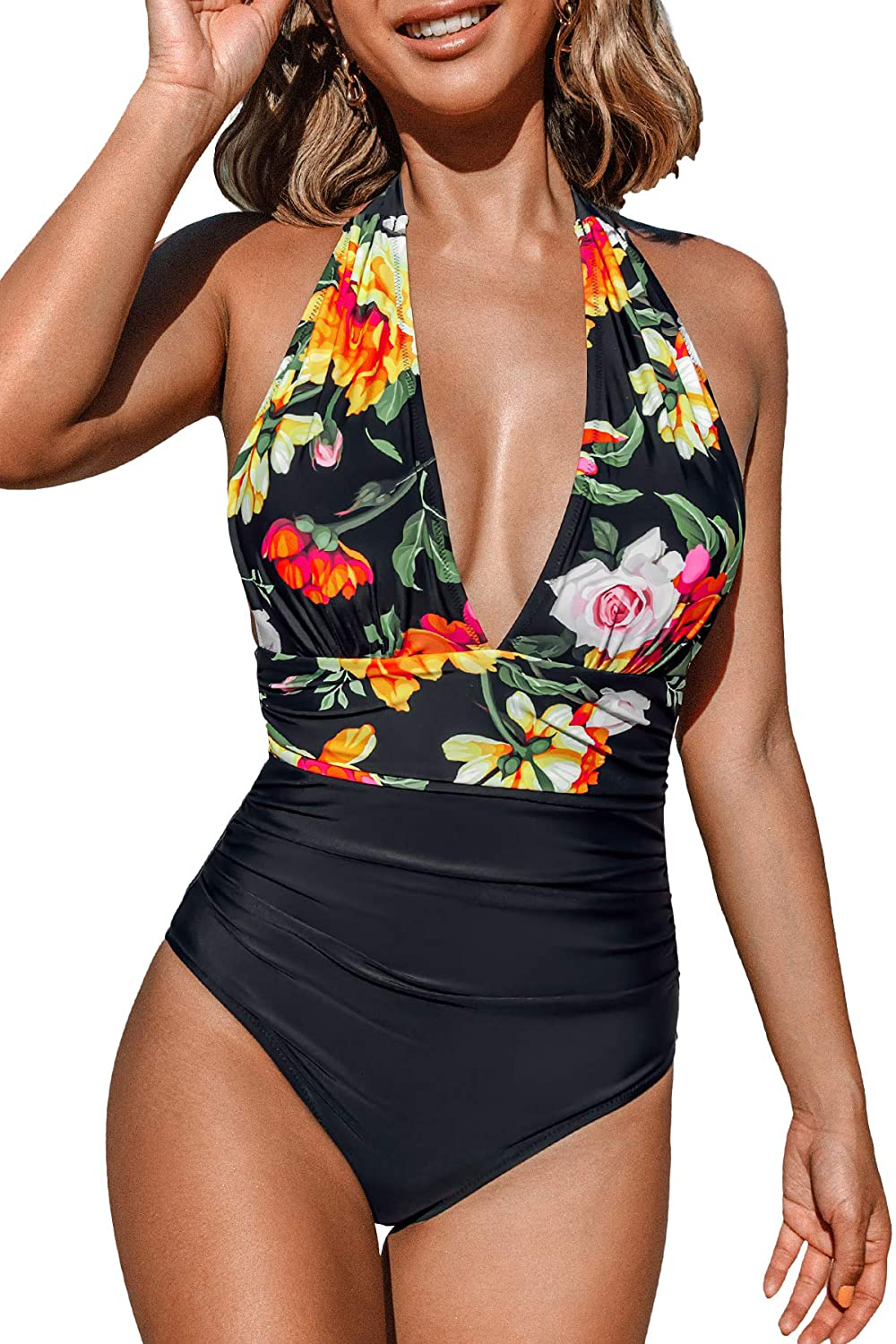 CUPSHE Women'S One Piece Swimsuit Halter Plunge Neck Ruched Tummy Control Bathing Suits Apparel & Accessories > Clothing > Swimwear Kylie Max   