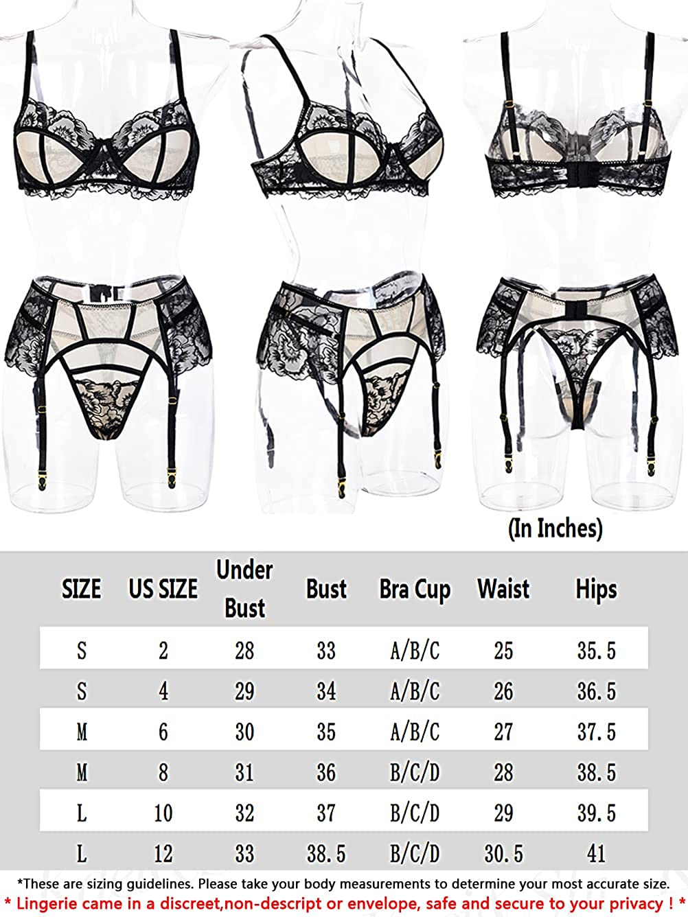 Kaei&Shi Floral Embroidered Lace Sheer,Underwire,Thong,Garter Lingerie Set Apparel & Accessories > Clothing > Underwear & Socks > Lingerie Kaei&Shi   