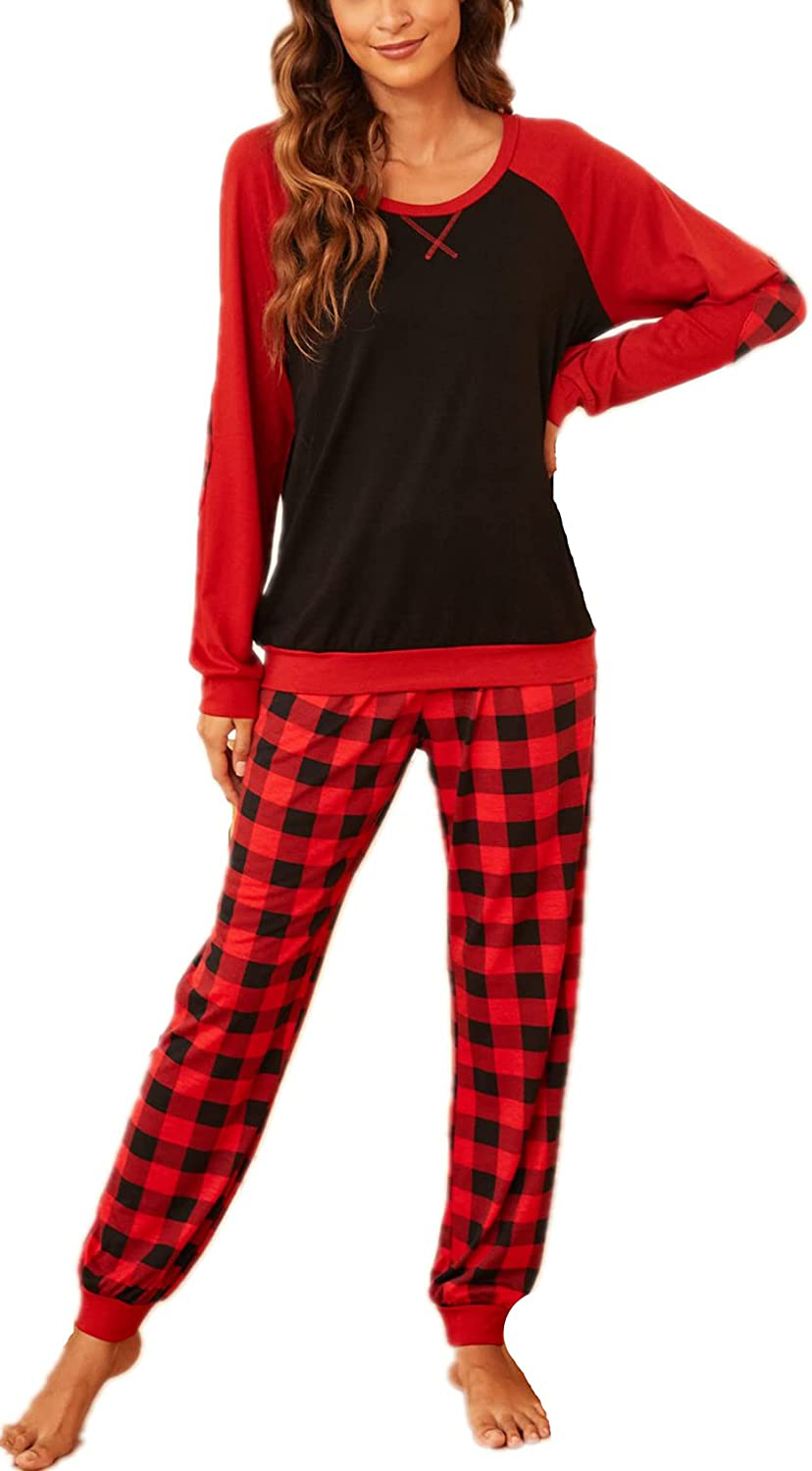 Ekouaer Women's Pajamas Sets Long Sleeve with Plaid Pants Soft Sleepwear O Neck 2 Piece Pjs Joggers Loung Set with Pockets Apparel & Accessories > Clothing > Sleepwear & Loungewear > Pajamas Ekouaer Style2-pat5 Large 