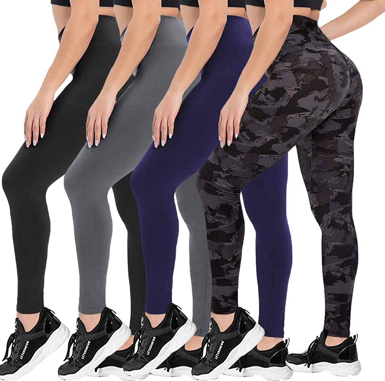 CAMPSNAIL 4 Pack High Waisted Leggings for Women- Soft Tummy Control Slimming Yoga Pants for Workout Running Reg & Plus Size Apparel & Accessories > Clothing > Activewear CAMPSNAIL 4 Packs, Black/Gray/Navy/Abstract Camo Black XX-Large 