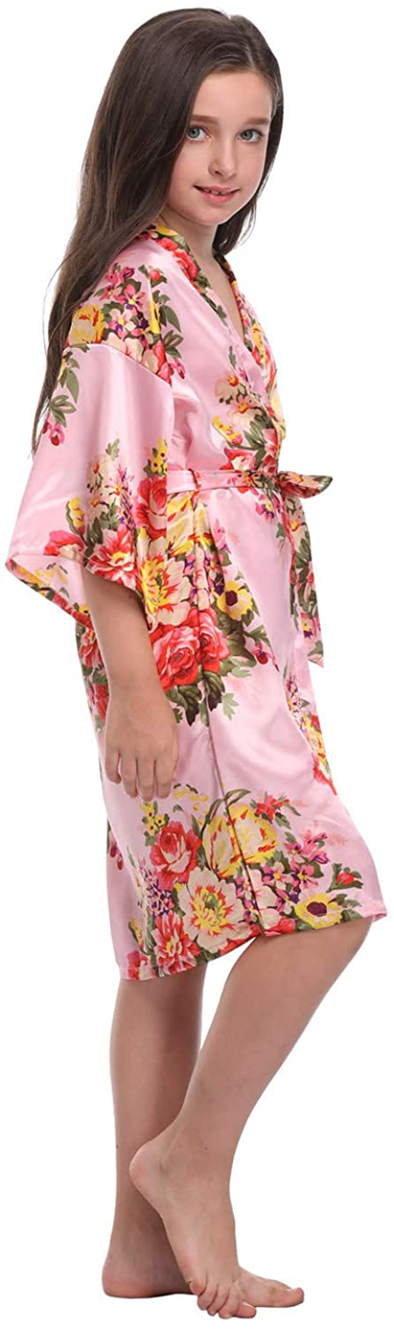 Girls Floral Satin Robes for Spa Party Flower Girl Robes Toddler Wedding Silk Robes Apparel & Accessories > Clothing > Sleepwear & Loungewear > Robes Kylie Max   