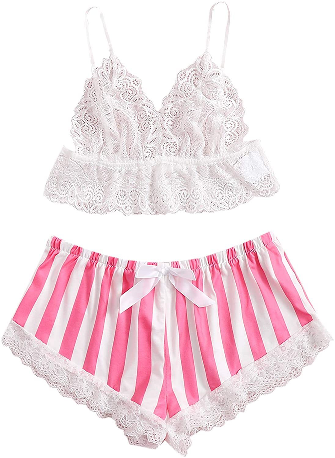 SOLY HUX Women'S Lace Sheer Cami Top with Satin Shorts Pajama Set Sleepwear Apparel & Accessories > Clothing > Sleepwear & Loungewear Kylie Max   