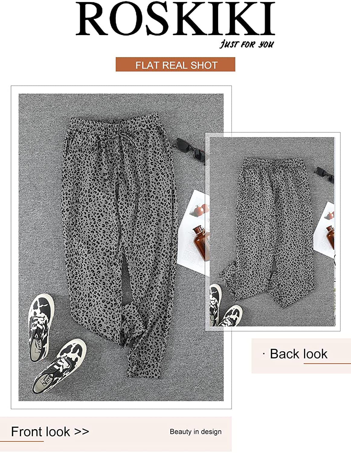 ROSKIKI Womens Leopard Drawstring Elastic Waist Sports Lounge Pants with Pockets Apparel & Accessories > Clothing > Activewear Kylie Max   