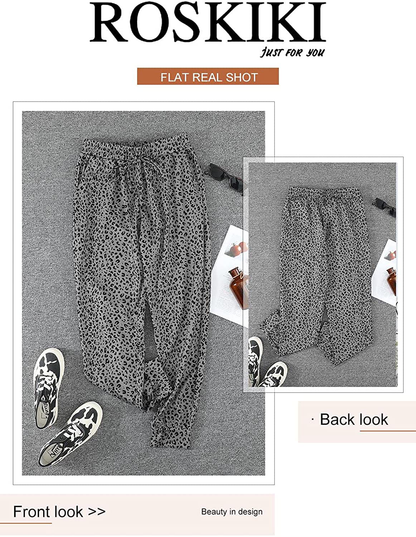 ROSKIKI Womens Leopard Drawstring Elastic Waist Sports Lounge Pants with Pockets Apparel & Accessories > Clothing > Activewear Kylie Max   