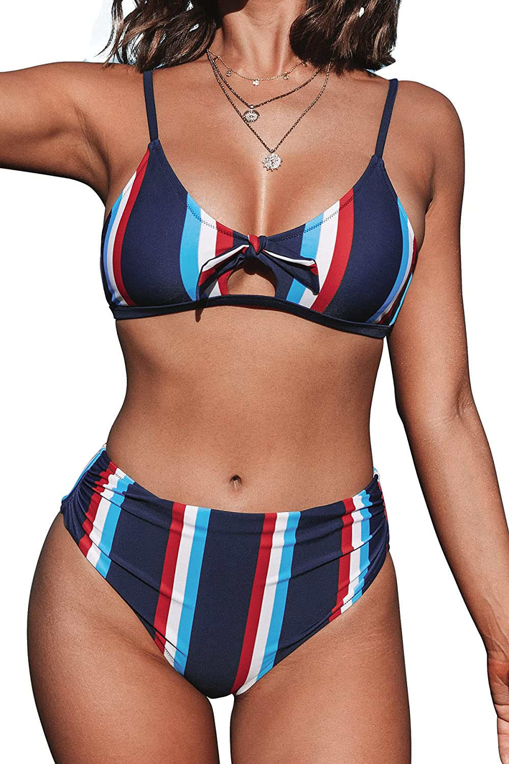 CUPSHE Women's Stripe Bikini Bowknot Shirred Swimsuit Apparel & Accessories > Clothing > Swimwear KYLIE MAX Blue Stripe Small 