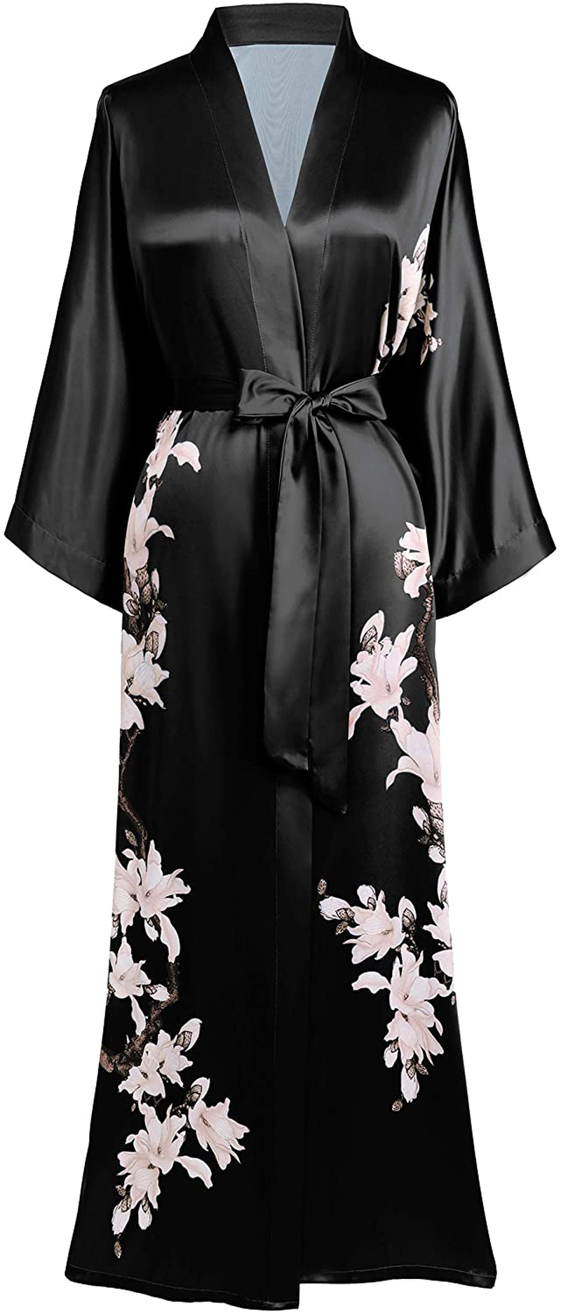 BABEYOND Kimono Robe Cover up Long Floral Satin Sleepwear Silky Bathrobe Bachelorette Robe Apparel & Accessories > Clothing > Sleepwear & Loungewear > Robes KYLIE MAX Obsidian  