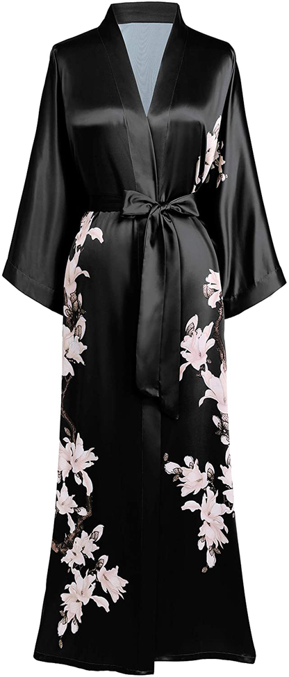 BABEYOND Kimono Robe Cover up Long Floral Satin Sleepwear Silky Bathrobe Bachelorette Robe Apparel & Accessories > Clothing > Sleepwear & Loungewear > Robes KYLIE MAX Obsidian  