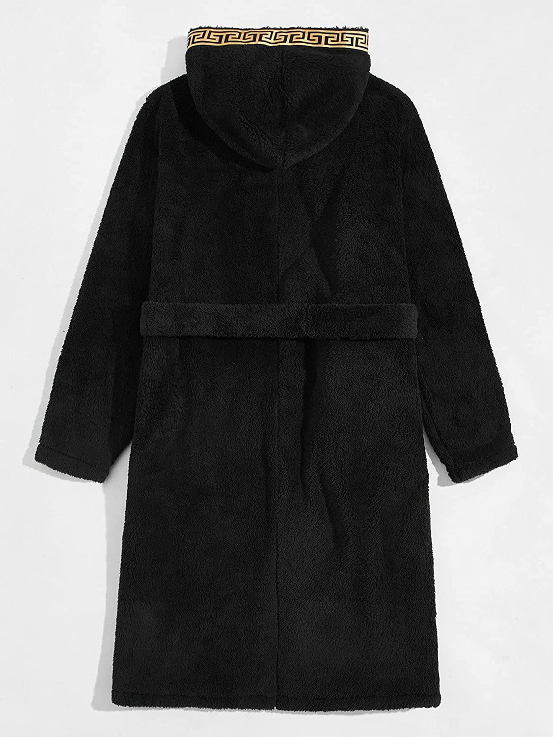 Romwe Men'S Hooded Fleece Robe Greek Tape Panel Belted Bathrobe Spa Sleepwear Apparel & Accessories > Clothing > Sleepwear & Loungewear > Robes Kylie Max   