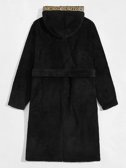 Romwe Men'S Hooded Fleece Robe Greek Tape Panel Belted Bathrobe Spa Sleepwear Apparel & Accessories > Clothing > Sleepwear & Loungewear > Robes Kylie Max   