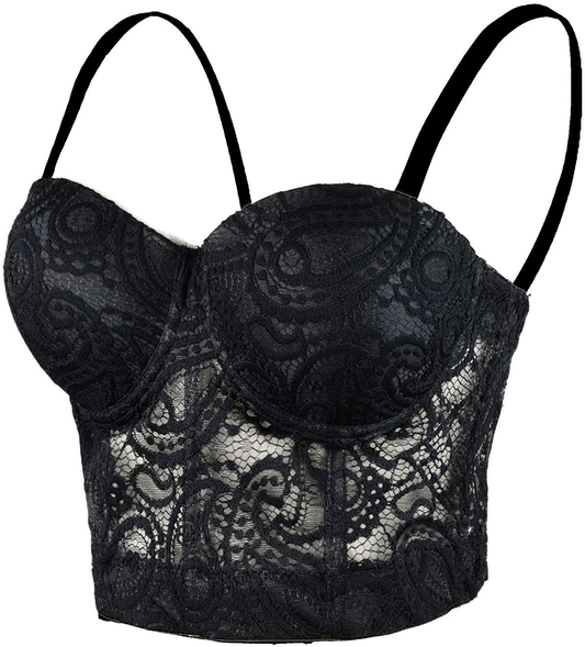 ELLACCI Women'S Paisley Mesh Lace Bustier Crop Top Sexy Corset Top Bra Black Apparel & Accessories > Clothing > Underwear & Socks > Lingerie ELLACCI Large  