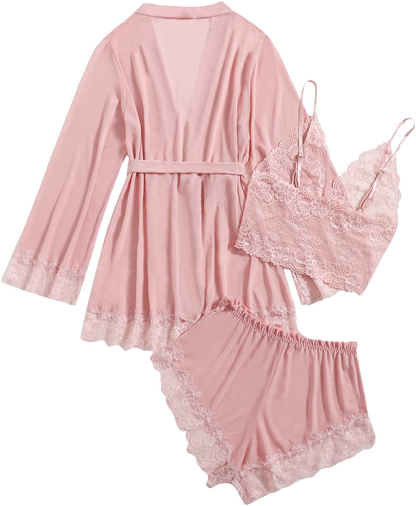 SOLY HUX Women'S 3 Piece Contrast Lace Sleepwear Cami Top and Shorts Pajama Set with Belted Robe Apparel & Accessories > Clothing > Sleepwear & Loungewear Kylie Max   