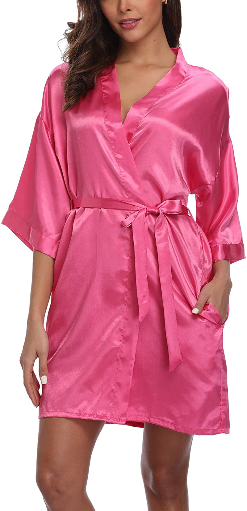 Old-Times Women'S Pure Color Silk Kimono Short Robes for Bridesmaids and Bride Apparel & Accessories > Clothing > Sleepwear & Loungewear > Robes Old-Times Rose X-Large 