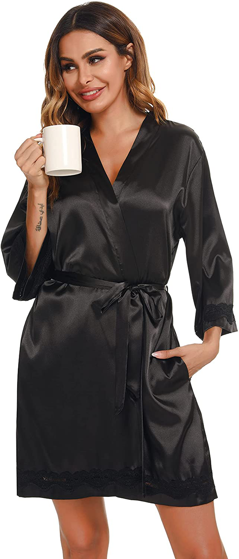 Vlazom Women'S Kimono Robes Short Satin Pure Color Bridal Party Robe with Oblique V-Neck Apparel & Accessories > Clothing > Sleepwear & Loungewear > Robes KYLIE MAX Z-black Small 