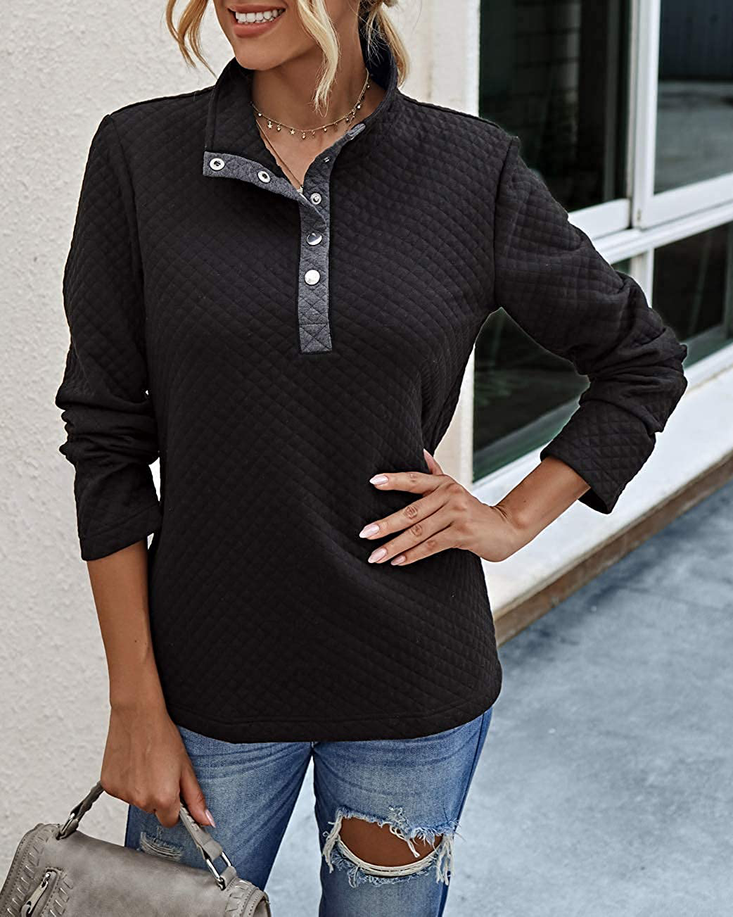 BTFBM Women Fashion Quilted Pattern Lightweight Zipper Long Sleeve Plain Casual Ladies Sweatshirts Pullovers Shirts Tops Apparel & Accessories > Clothing > Activewear Kylie Max   
