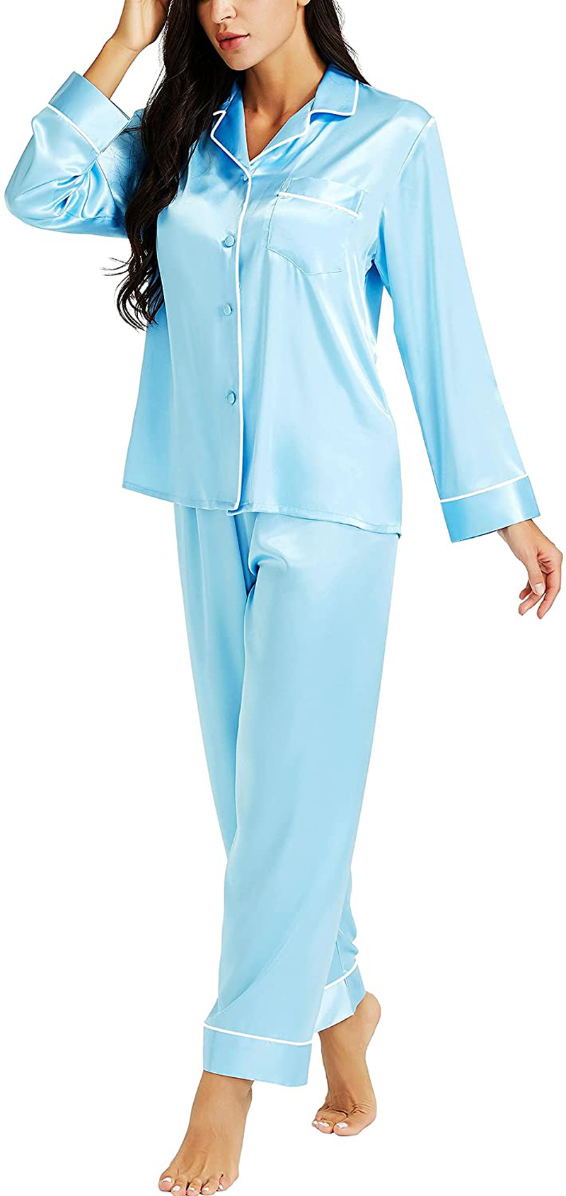 LONXU Womens Silk Satin Pajamas Set Button Down Sleepwear Loungewear XS~3XL Apparel & Accessories > Clothing > Sleepwear & Loungewear > Pajamas Lonxu Sky Blue Small 