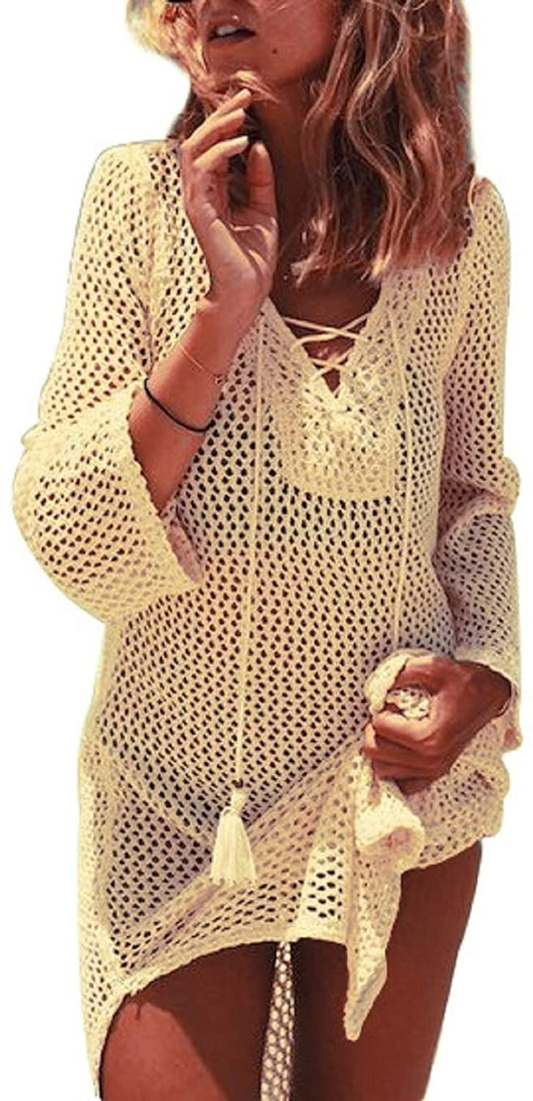 Wander Agio Beach Swimsuit for Women Sleeve Coverups Bikini Cover up Lace-Up Net Apparel & Accessories > Clothing > Swimwear Kylie Max   